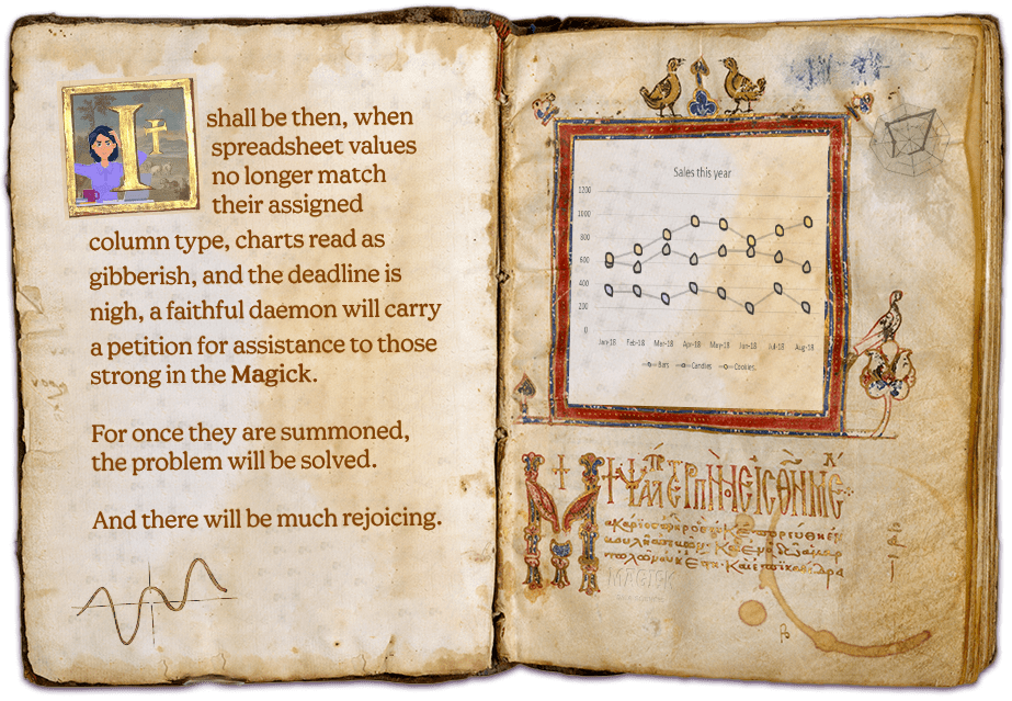 It shall be then, when spreadsheet values no longer match their assigned column type, charts read as gibberish, and the deadline is nigh, a faithful daemon will carry a petition for assistance to those strong in the Magick. For once they are summoned, the problem will be solved. And there will be much rejoicing. From the 'Prophecy of Excelsium', 1218 C.E.